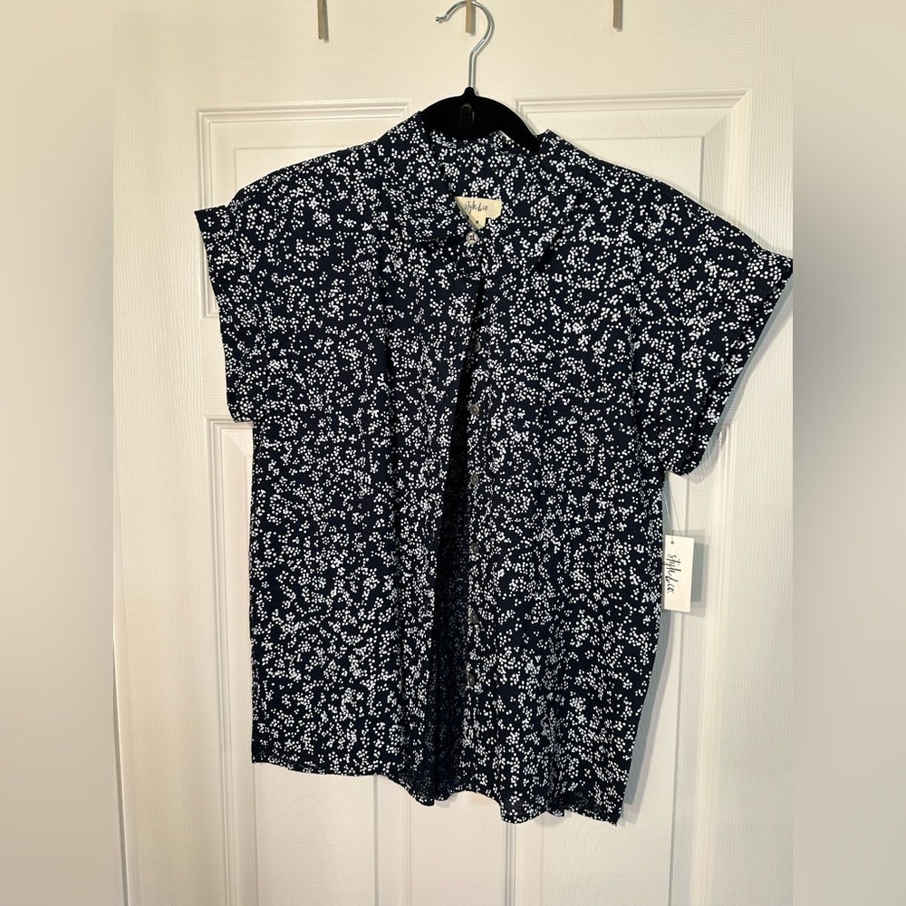 Navy Blue Floral Button-Up Blouse NWT